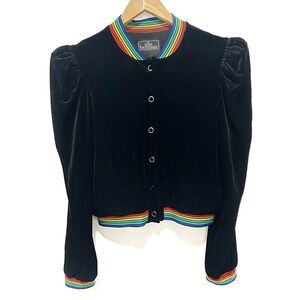 Alla Berman Velour Velvet Black Track Jacket Puffy Sleeves Rainbow Pride Size M